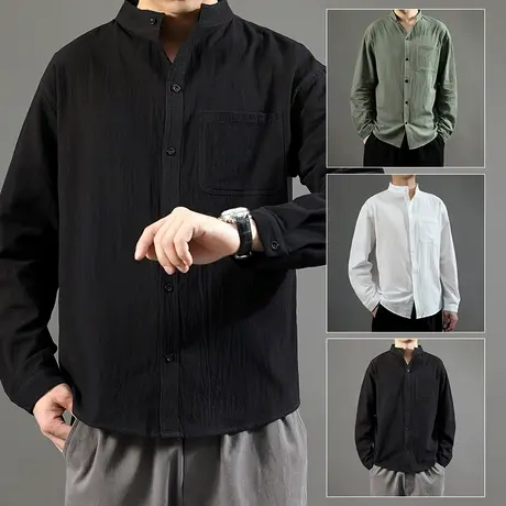 亚麻衬衫男短袖衬衣宽松大码男装中国风棉麻长袖男士休闲外套上衣商品大图
