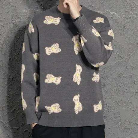 小众设计师小熊小清新圆领加厚毛衣男针织衫外穿内搭美式毛衫情侣商品大图