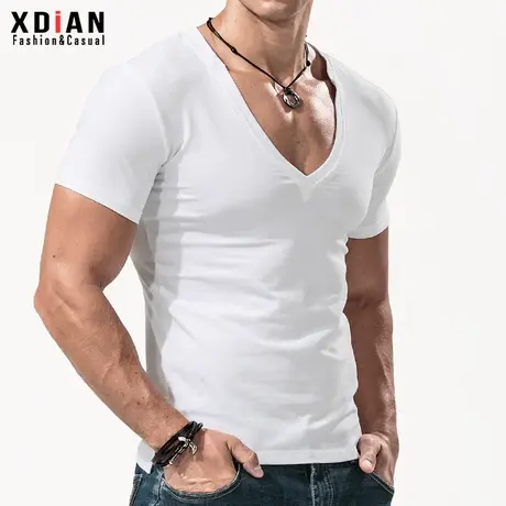 大V领紧身短袖t恤男纯棉修身低领打底衫男深v上衣半袖夏季潮流商品大图