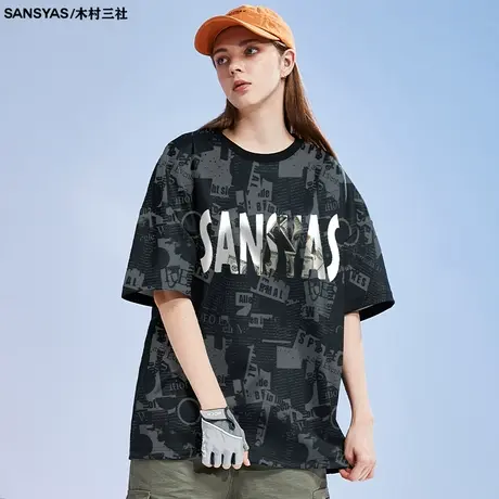【特价清仓】×木村三社SANSYAS 满印花圆领t恤美式复古短袖上衣商品大图