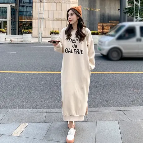 春秋季大码加绒加厚卫衣裙女宽松韩版过膝遮肉连衣裙子胖mm200斤商品大图
