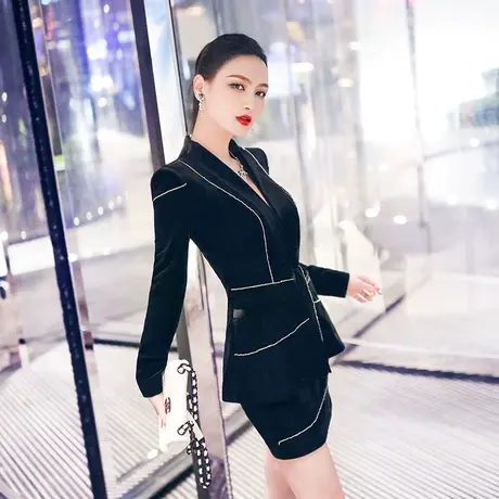 VJE小众设计丝绒职业套装女新款气质织带小西服一步裙两件套图片