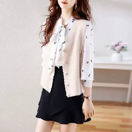 时尚气质纯色针织马甲2022年秋季新款淑女温柔显瘦通勤V领上衣商品大图