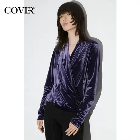 COVER春季弹力交叉领美拉德丝绒衬衫图片