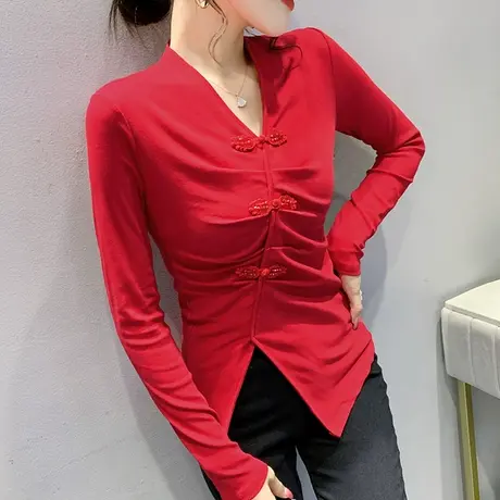 复古中国风女装不规则开叉上衣性感V领T恤女长袖喜庆红色打底衫潮图片