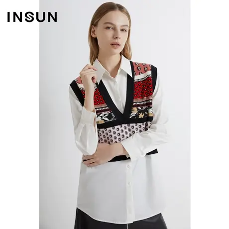 INSUN恩裳线上专选春季毛梭拼接款羊毛芝麻底提花针织衫图片