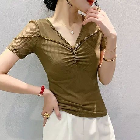 性感V领网纱上衣女2024夏装新款时尚钉珠气质T恤百搭修身显瘦小衫图片