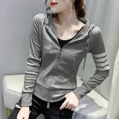 连帽卫衣女秋冬短款拉链帽衫修身洋气加绒上衣长袖休闲运动外套女商品大图