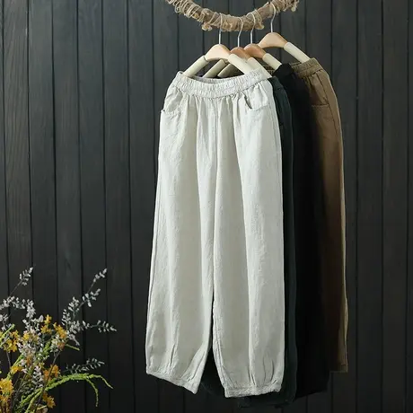 2022年新款文艺复古亚麻九分哈伦裤女松紧腰宽松休闲灯笼裤春夏季图片