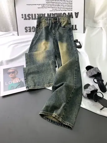 水洗磨白复古牛仔直筒裤女2023秋季新款显瘦百搭高腰裤宽松阔腿裤商品大图