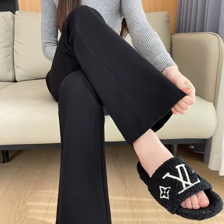 黑色毛呢裤子女冬季新款加厚修身直筒休闲裤高腰加绒呢子微喇叭裤商品大图