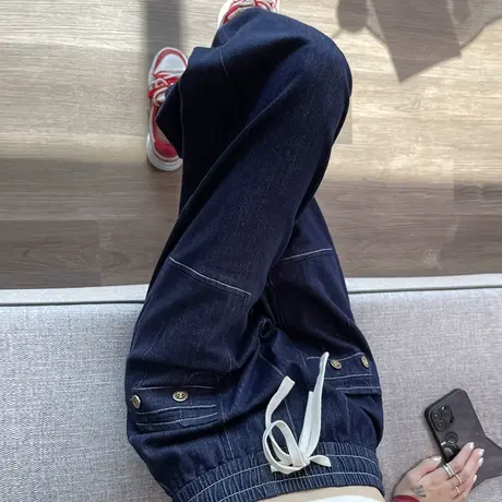 蓝色牛仔裤女宽松高腰显瘦束脚哈伦裤松紧腰大口袋灯笼老爹萝卜裤商品大图