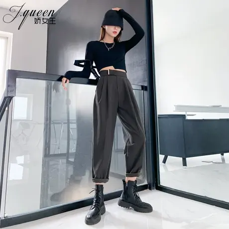 高腰哈伦裤女加绒裤子秋季新款百搭宽松显瘦烟管西装裤小脚萝卜裤商品大图