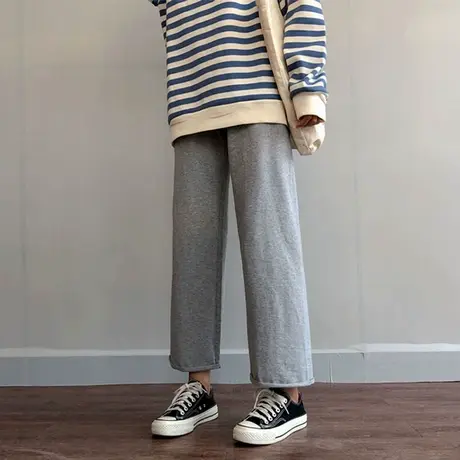 坠垂感灰色阔腿裤女2024春秋薄款休闲韩版潮宽松直筒高腰运动长裤商品大图