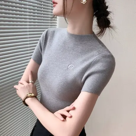 圆领短袖针织衫女2025早秋新款刺绣印花修身设计感西装内搭打底衫图片