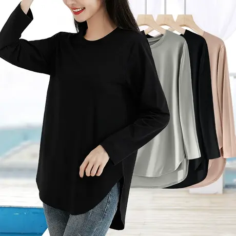 薄款长袖t恤女圆领宽松休闲2024年新款中老年前短后长体恤打底衫商品大图