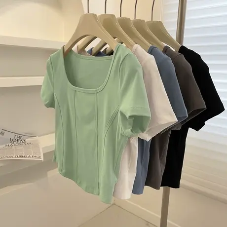 2025新款方领短袖T恤女夏季修身显瘦洋气韩版小个子短款鱼骨上衣商品大图