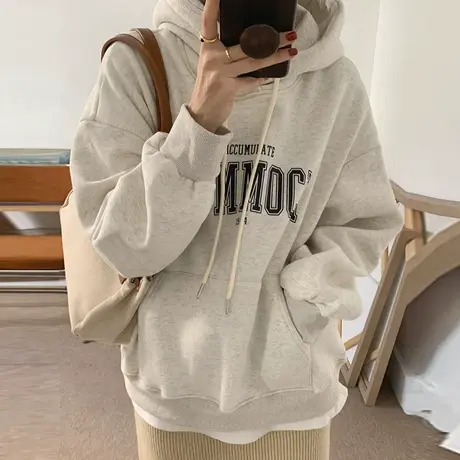 慵懒风大码胖mm显瘦加绒连帽卫衣女ins休闲美式帽衫复古外套上衣商品大图