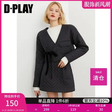 DPLAY德帕拉秋装款简约复古系带上衣格纹轻薄短棉服商品大图