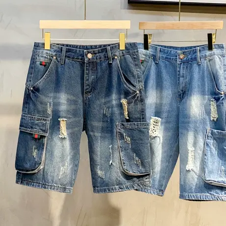 七分牛仔裤男潮牌宽松直筒2023年夏季薄款ins风工装男士7分短裤子图片