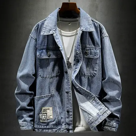 牛仔外套男士2022新款潮牌宽松翻领复古工装休闲夹克牛仔外套男装商品大图