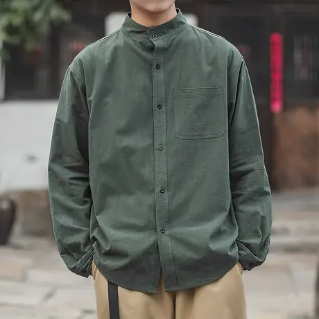 亚麻棉麻衬衫男长袖春季韩版潮流大码胖子宽松纯色休闲衬衣男外套图片