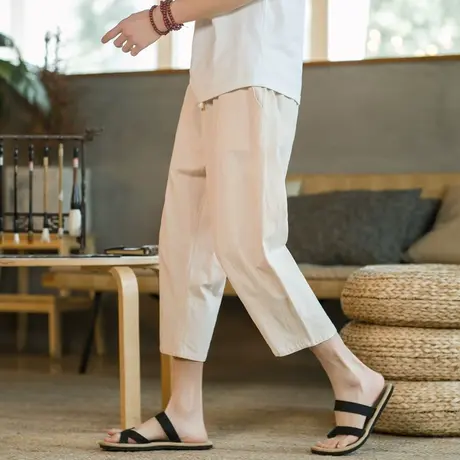 亚麻七分短裤男宽松夏季超薄款外穿冰丝速干运动卡其色休闲中裤子商品大图