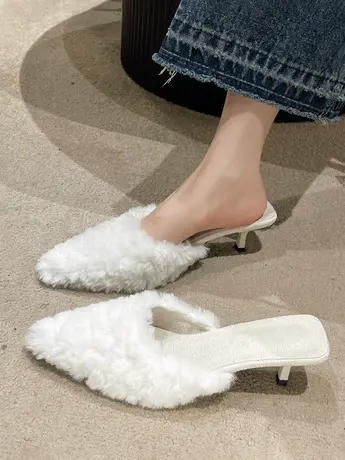 毛毛包头半拖鞋女冬外穿2023新款法式穆勒鞋性感尖头细跟高跟棉拖商品大图