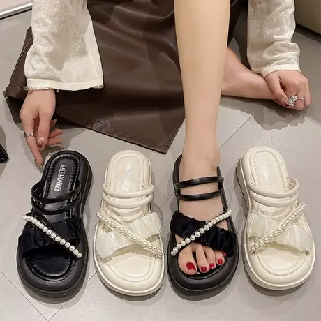 网红拖鞋外穿夏季女2023年新款珍珠仙女风两穿厚底小香风沙滩凉鞋图片