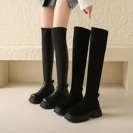 粗跟长筒靴女2023年新款秋季袜靴配裙子高级感超火显瘦过膝瘦瘦靴商品大图