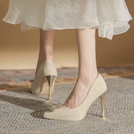 2024年春季新款方扣水钻高跟鞋女细跟法式防水台尖头气质名媛单鞋图片