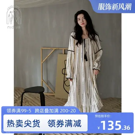 妮狄娅睡衣睡裙女春秋纯棉长袖双层纱布方领中长款休闲秋冬家居服图片