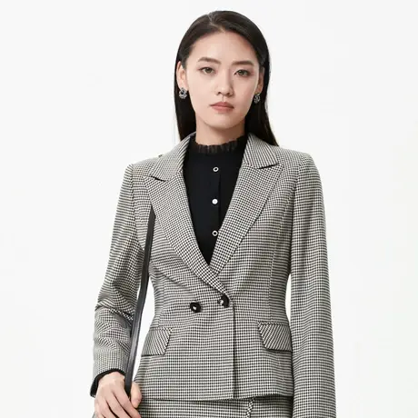朗姿 千鸟格商务优雅通勤风戗驳领女士西装商场同款奥莱图片