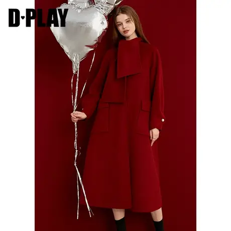 DPLAY2025年春季100羊毛红大衣冬季红色大衣双面呢大衣外套女商品大图