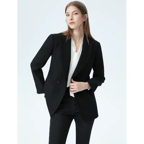 朗姿法式纯羊毛通勤职业西服外套奥莱黑色短款西装正装女高级感图片
