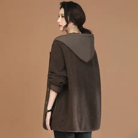 新品8.5折】连帽摇粒绒中长款外套女2023冬休闲百搭显瘦拼接上衣图片