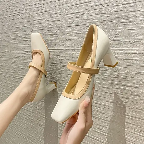 复古小香风高跟鞋女2024新款春秋季粗跟方头一字扣玛丽珍气质单鞋商品大图