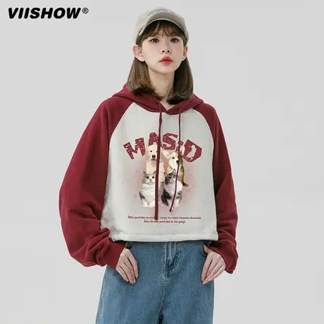 VIISHOW撞色插肩袖卫衣男春季新款爆款美式复古连帽套头潮牌外套商品大图