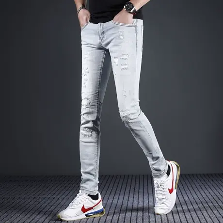 香港高端浅色牛仔裤男款修身小脚2024新款春夏季弹力男士裤子潮牌商品大图