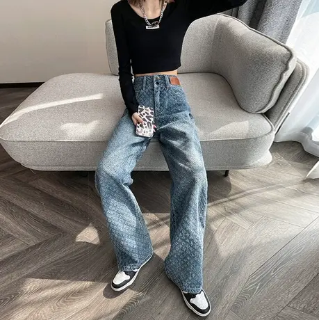 高腰牛仔直筒阔腿裤女2024春秋新款宽松提花加长高个子印花拖地裤图片