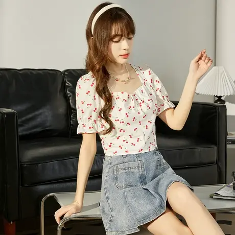 唐狮夏季短袖碎花衬衫女泡泡袖方领衬衣polo领设计感小众上衣图片