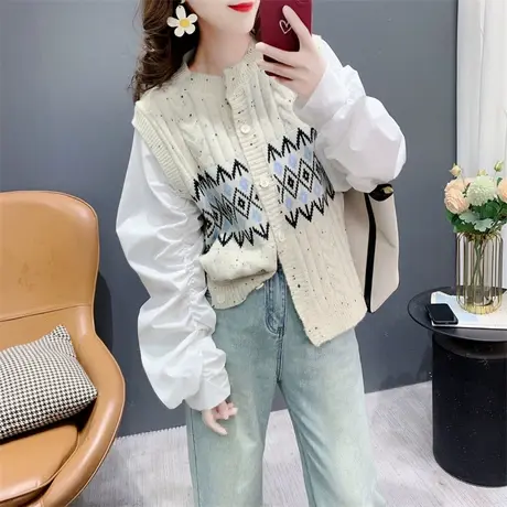 设计感衬衫拼接毛衣开衫女春季2024年新款款复古提花菱形针织外套图片