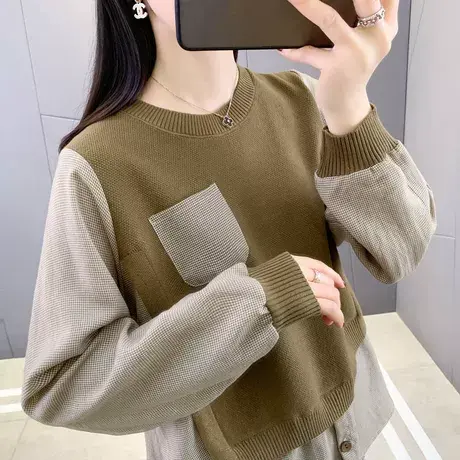 圆领假两件上衣女士早春2025新款休闲时尚宽松遮肚子打底衫套头潮商品大图