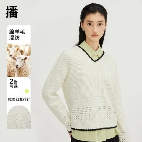 播V领撞色勾花针织衫DDQ4SD5604商品大图