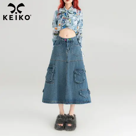 KEIKO 工装多口袋牛仔半身裙春夏多巴胺穿搭梨形身材A字伞裙中长商品大图