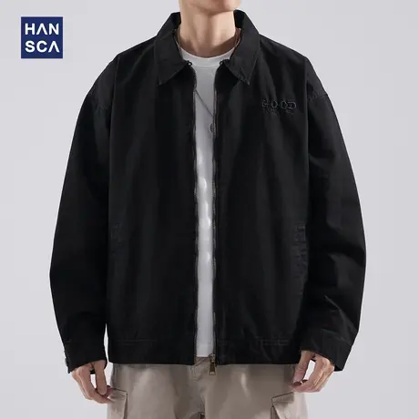 hansca复古工装夹克男士春秋季新款刺绣黑色休闲外套百搭潮流上衣商品大图