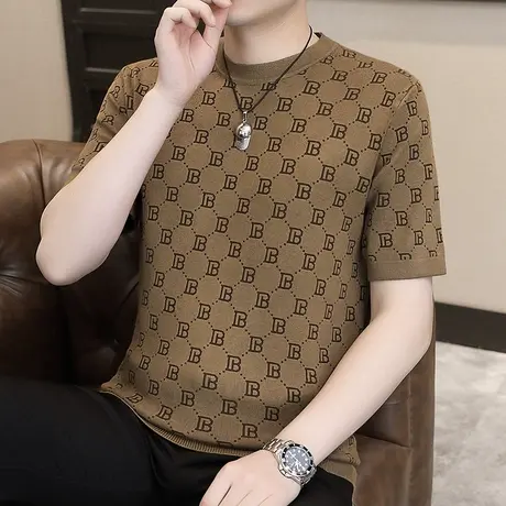 2024夏季新款男士冰丝短袖T恤衫半袖冰麻针织衫欧版潮流男装上衣商品大图