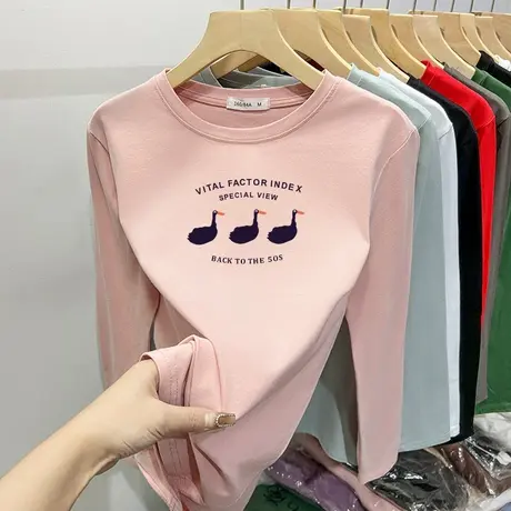 2024早春季正肩长袖t恤女长袖圆领纯棉印花上衣内搭叠穿修身显瘦商品大图