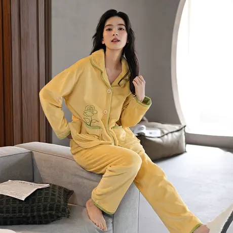 婷美珊瑚绒睡衣女秋冬款长袖开衫加厚加绒法兰绒家居服保暖两件套商品大图