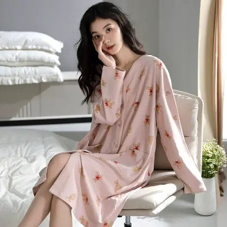 婷美睡裙女春秋款纯棉长袖开衫V领睡衣连衣裙卡通可爱小熊家居服商品大图